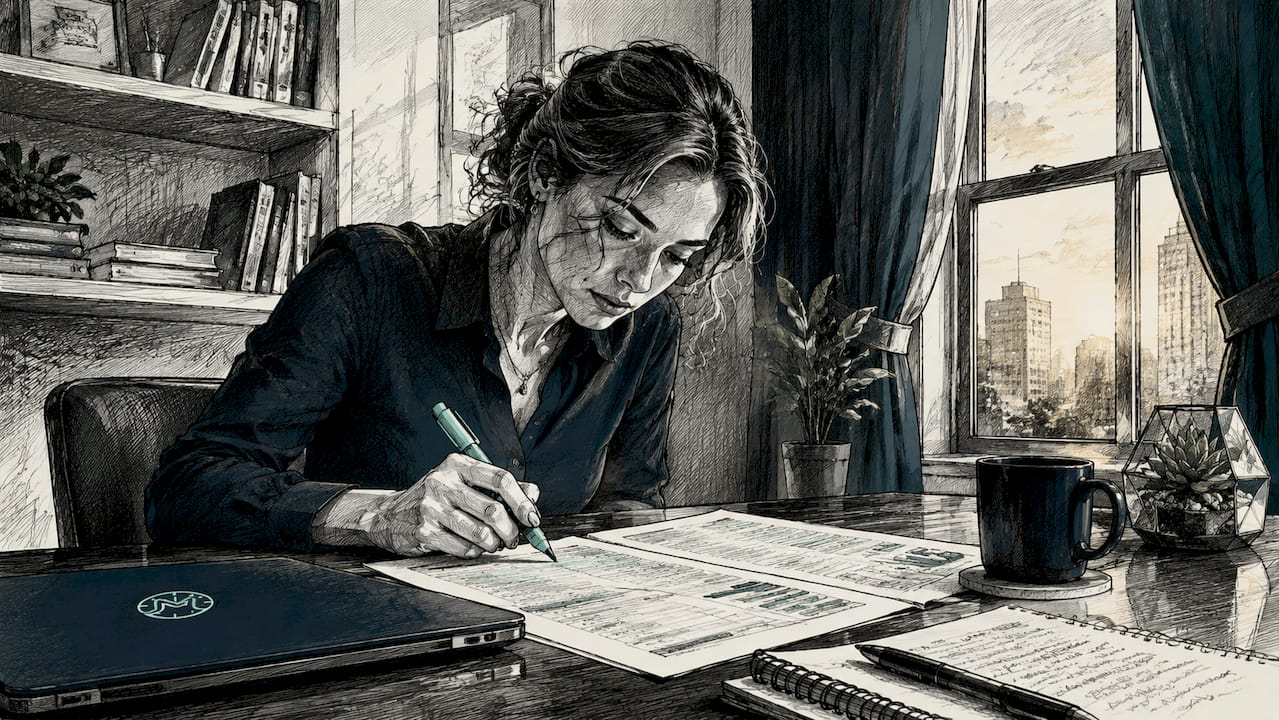 Young woman reviewing financial documents at table