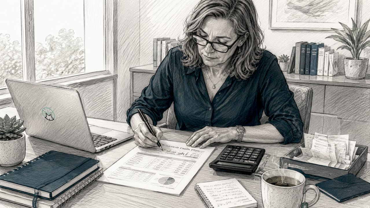 Woman reviewing cash flow documents at kitchen table