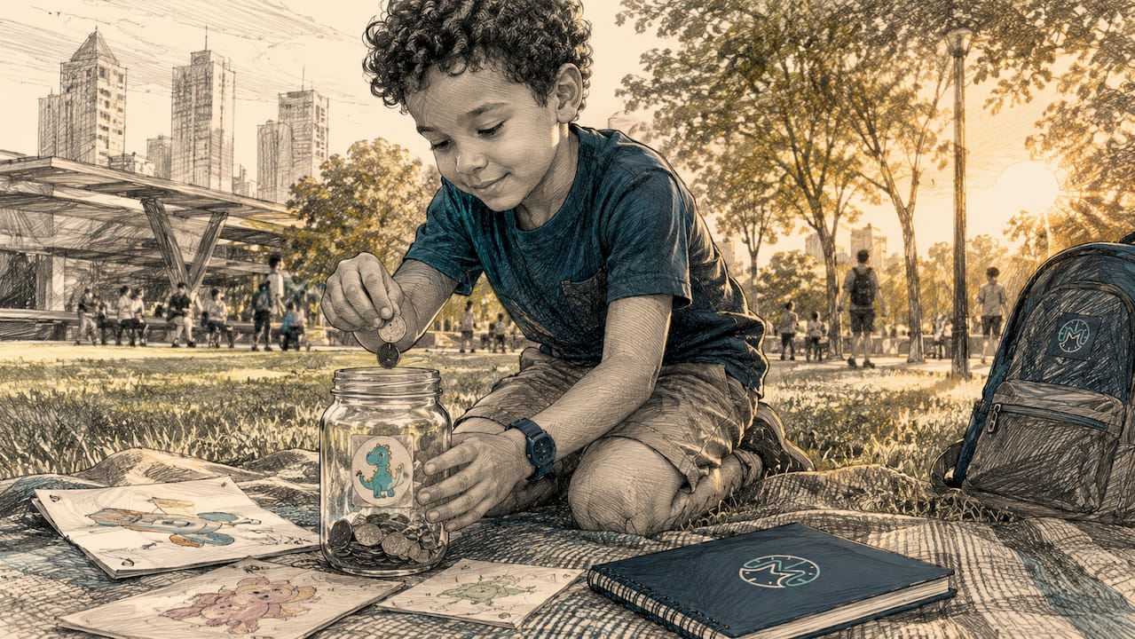 Child depositing coin in labeled savings jar
