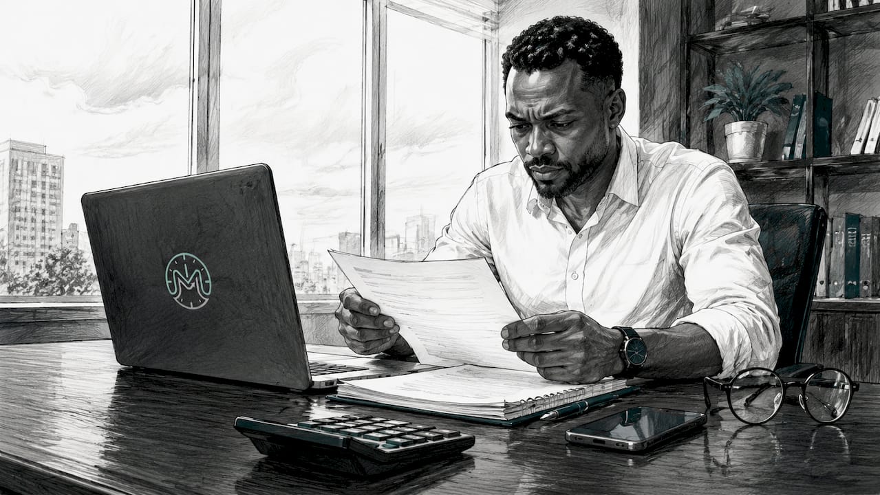 Man reviewing invoice in home office