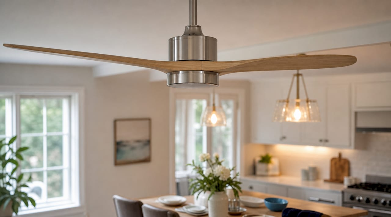 Close-up of sleek transitional ceiling fan motor housing