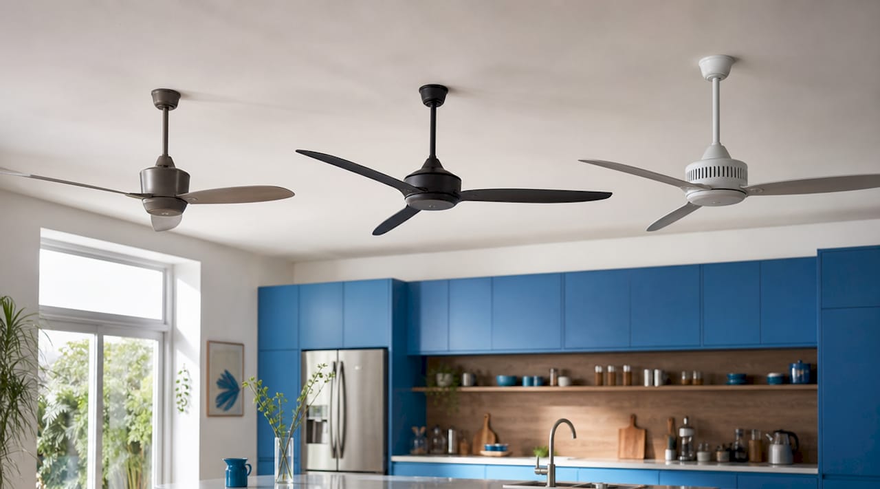 Close-up of three ceiling fans showing different motor types