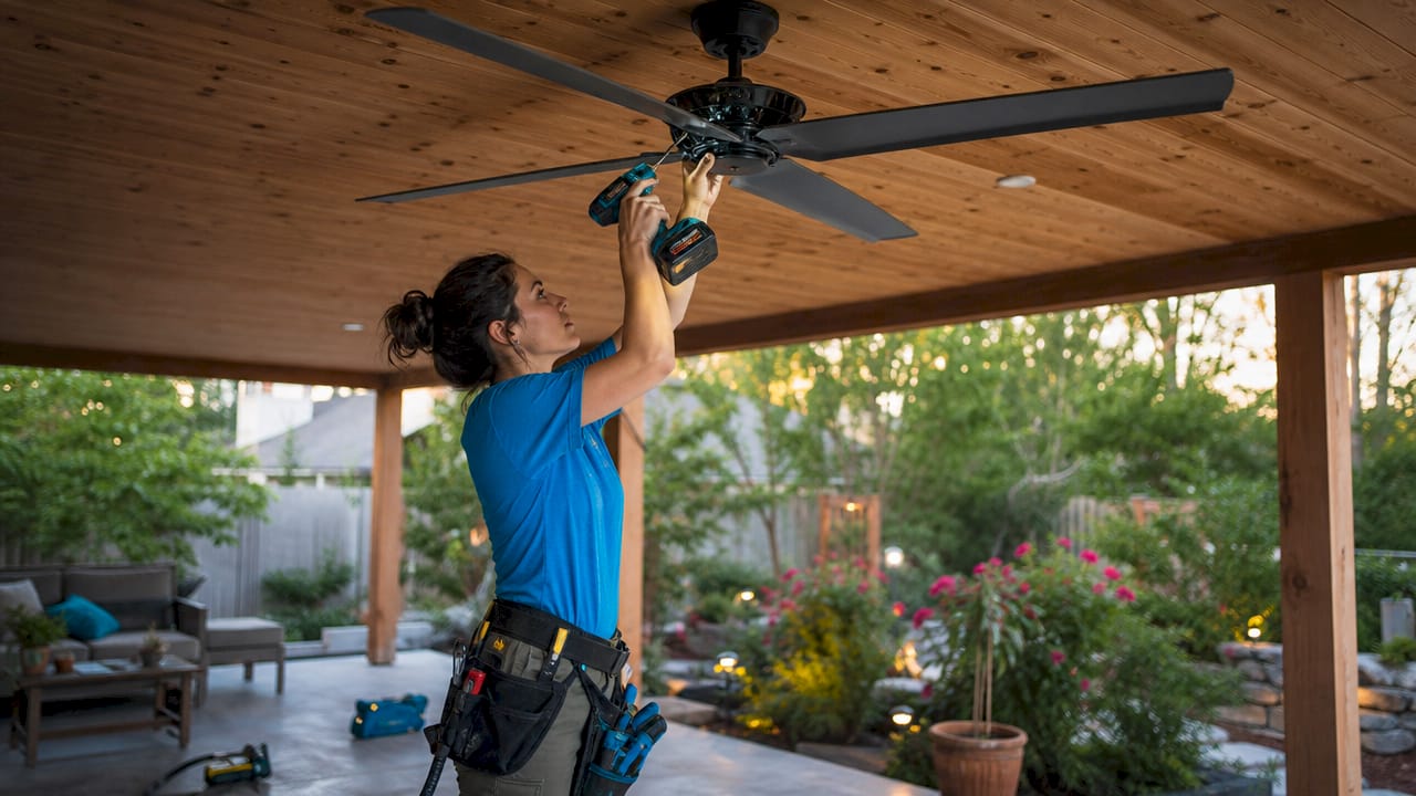 Contractor installing outdoor ceiling fan on patio
