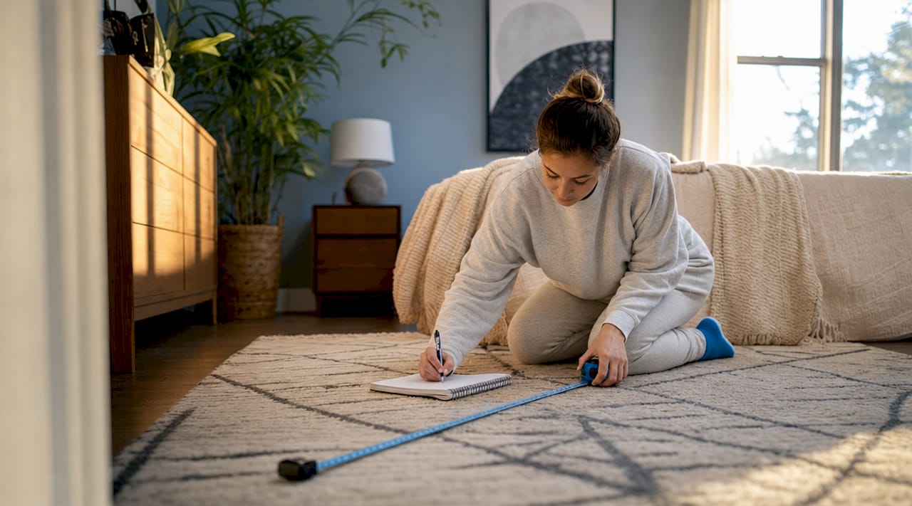 Person measuring bedroom floor for fan size