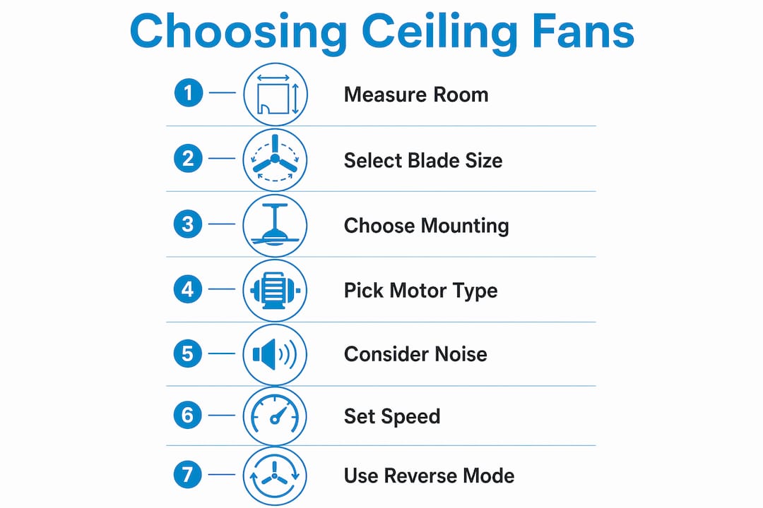 Infographic outlining steps to choose bedroom ceiling fan