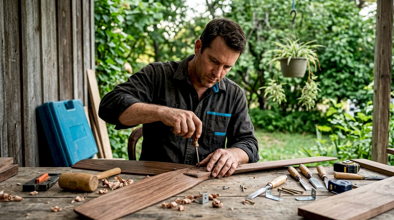 Hands assembling walnut wood ceiling fan blade