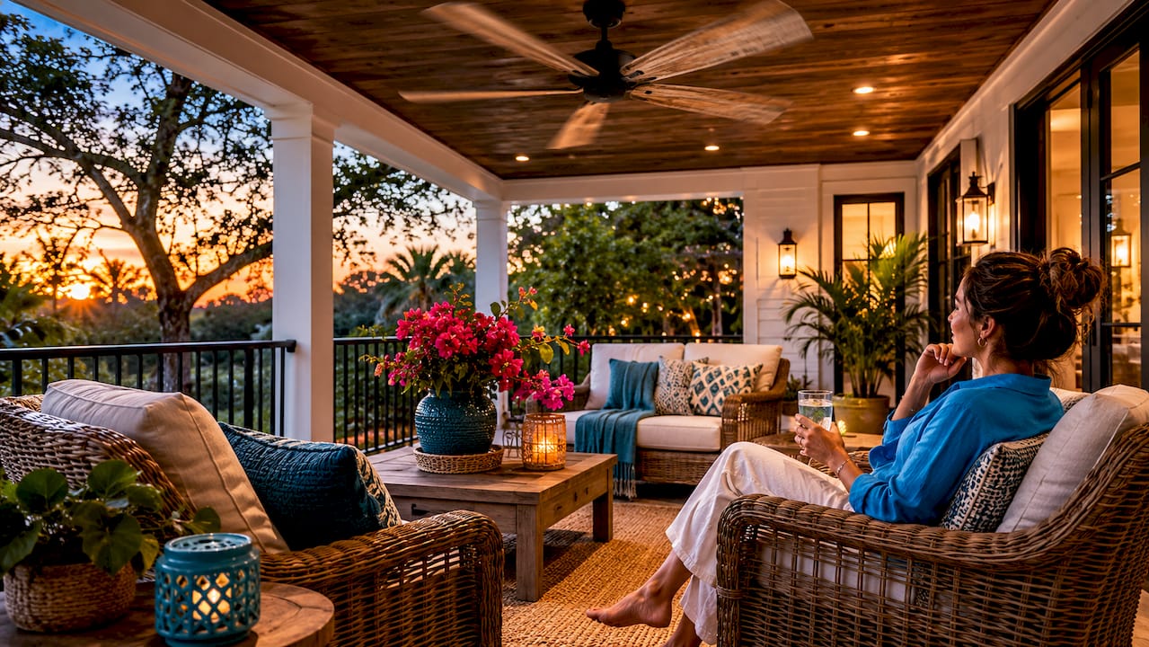 Spinning outdoor porch ceiling fan blades