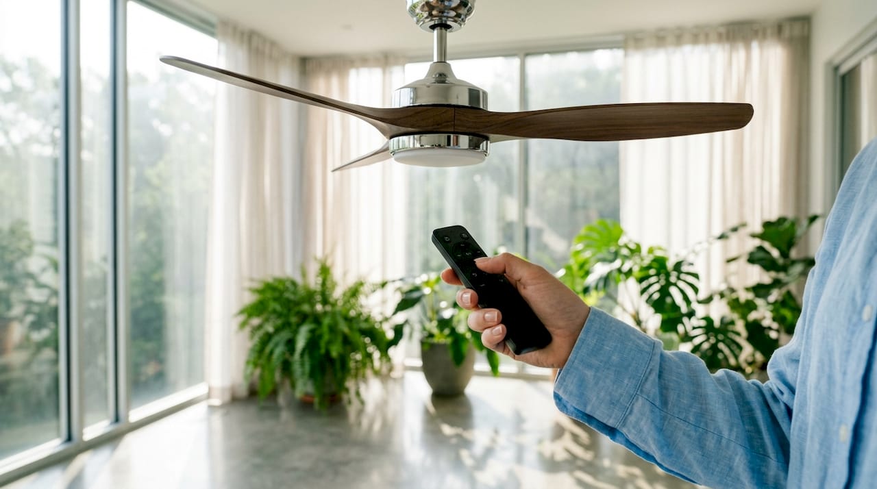 Hand adjusting contemporary fan remote control in modern room