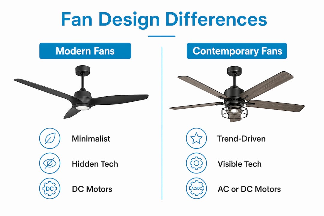 Infographic comparing modern and contemporary fan design features