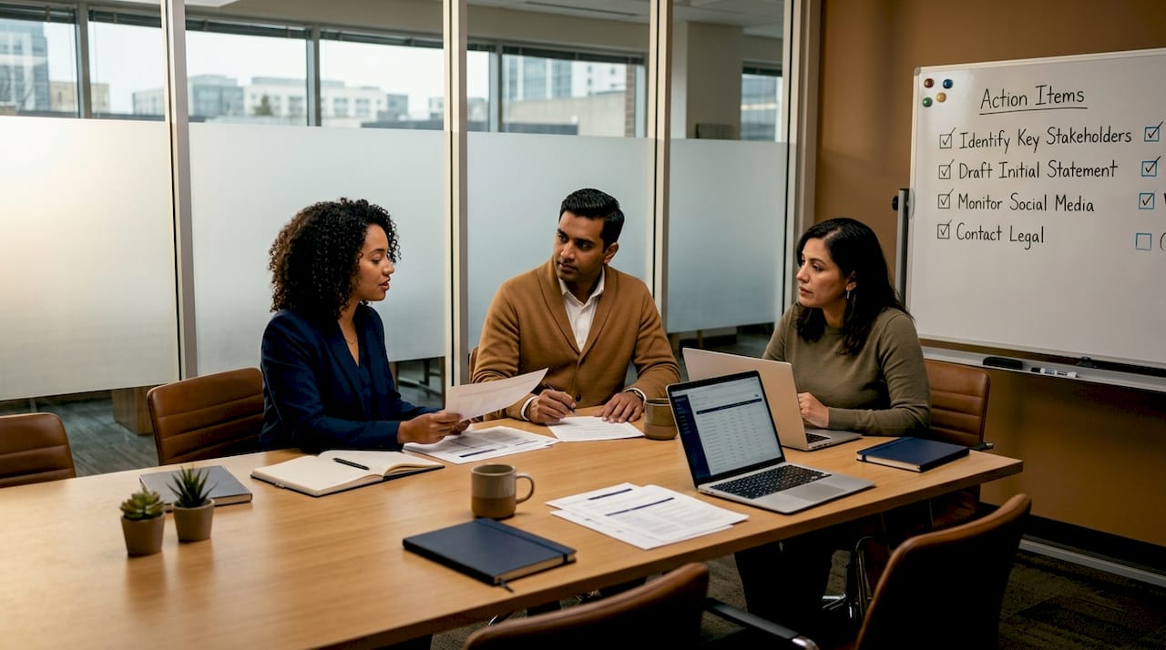 Nonprofit crisis communication team discussing plans in meeting