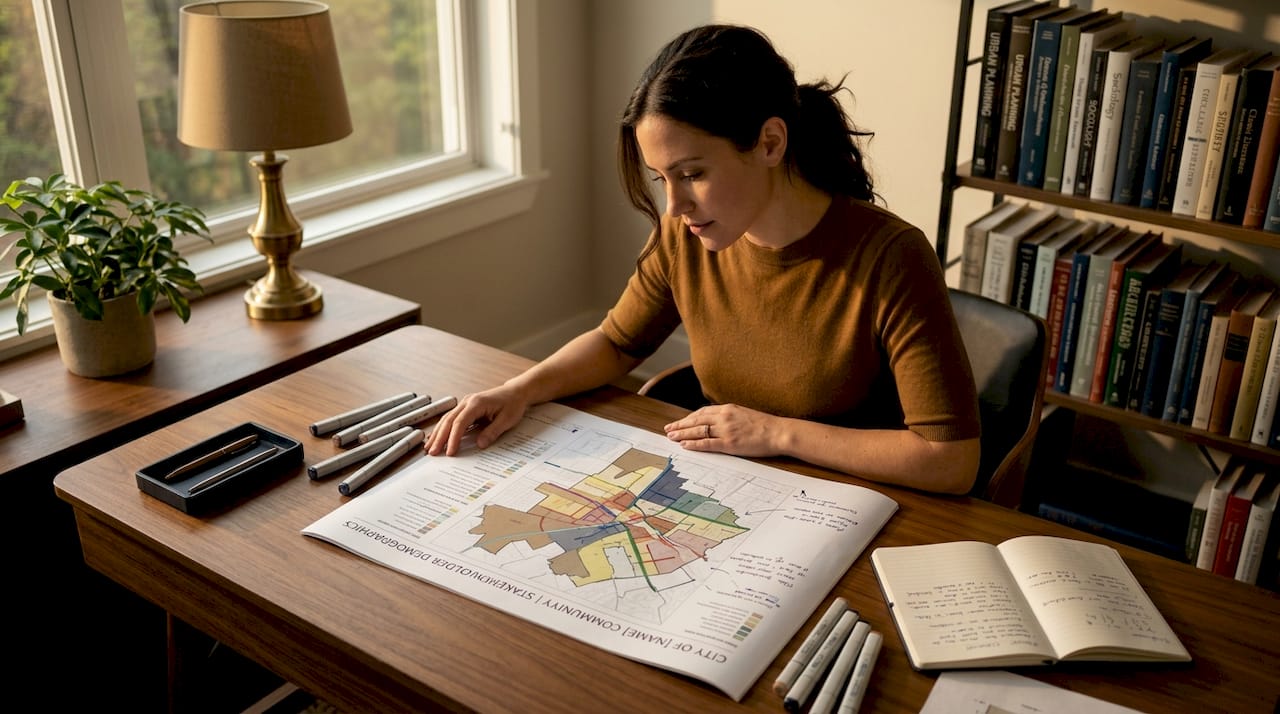 Planner analyzing community demographic map