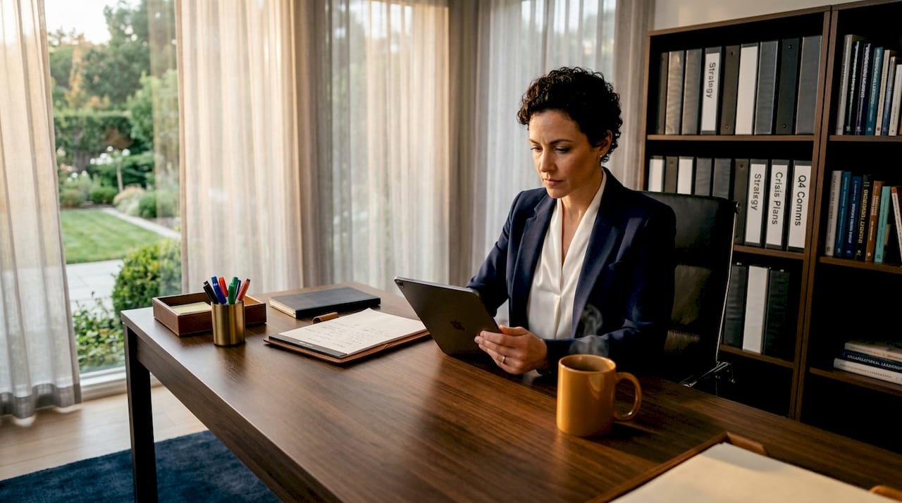 Nonprofit leader reviewing crisis communication materials at desk