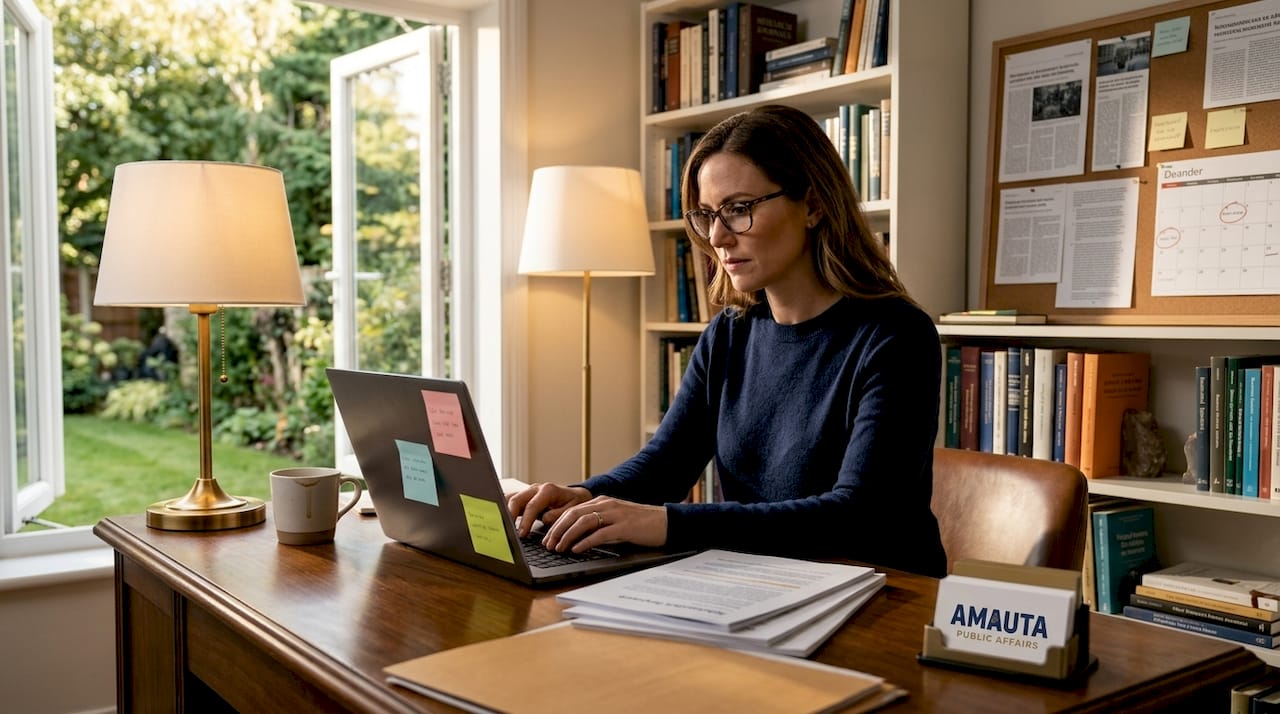 Researcher compiling policy report in home office