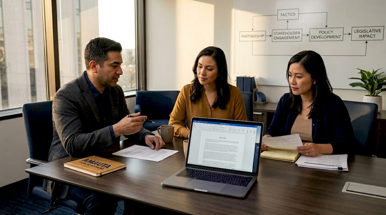 Team collaborating on policy advocacy campaign