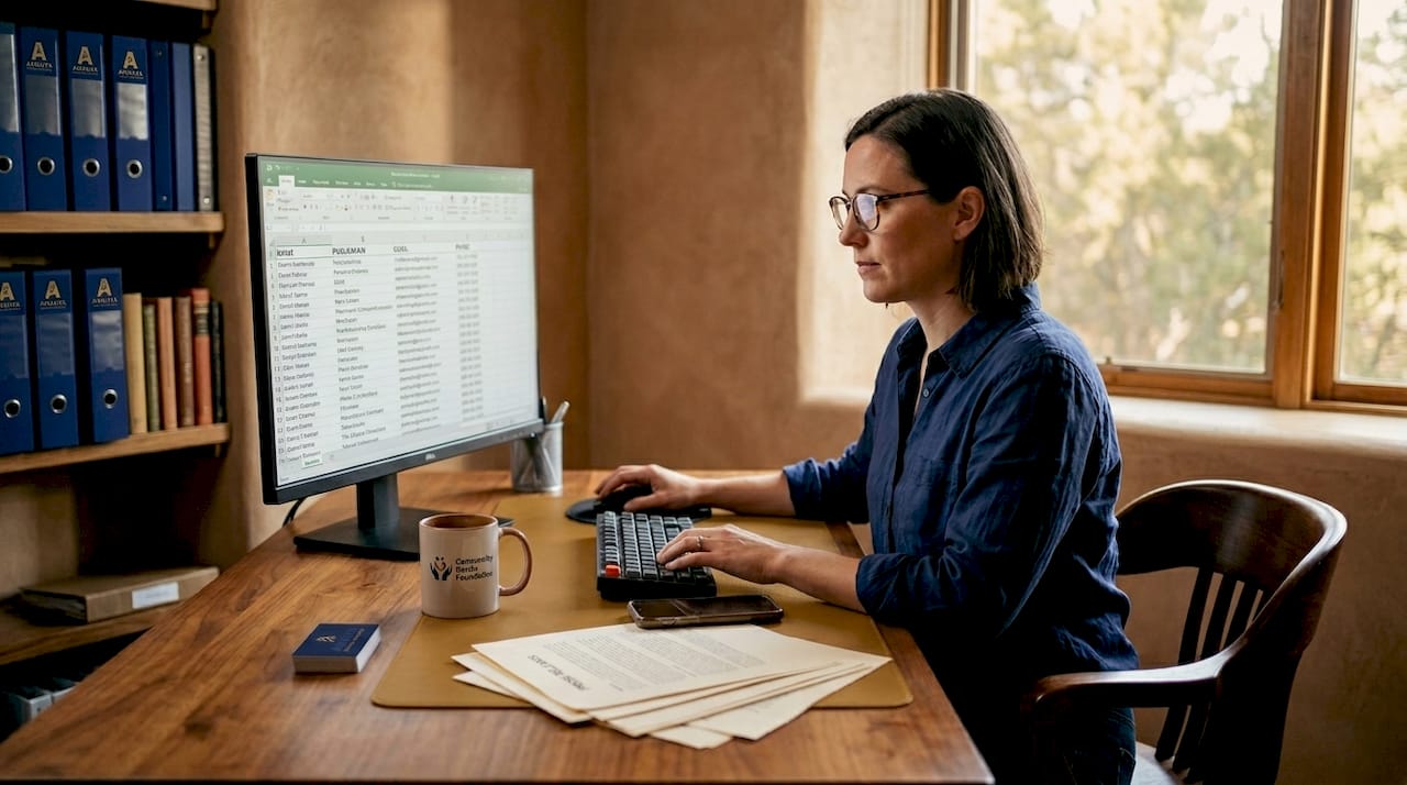 Nonprofit professional working on media contacts