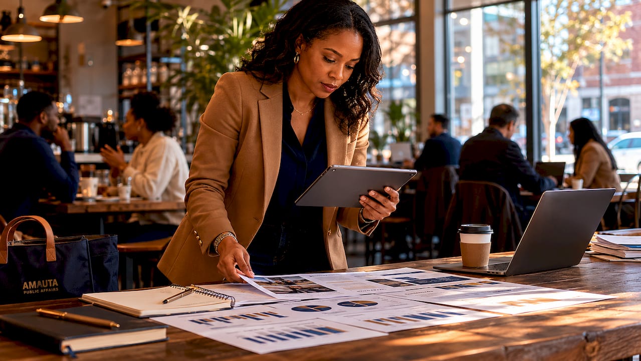 Woman organizing nonprofit advocacy campaign materials