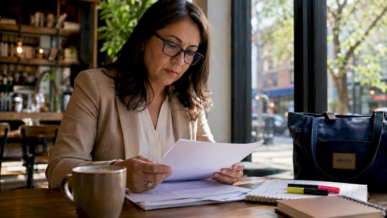 Advocacy strategist reviewing policy briefs at desk