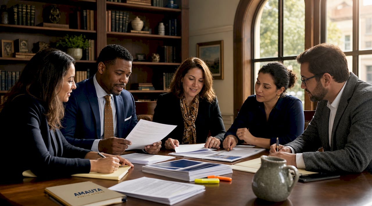 Nonprofit team discussing government relations documents
