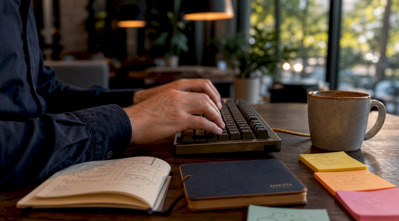 Hands typing clear technical communication notes