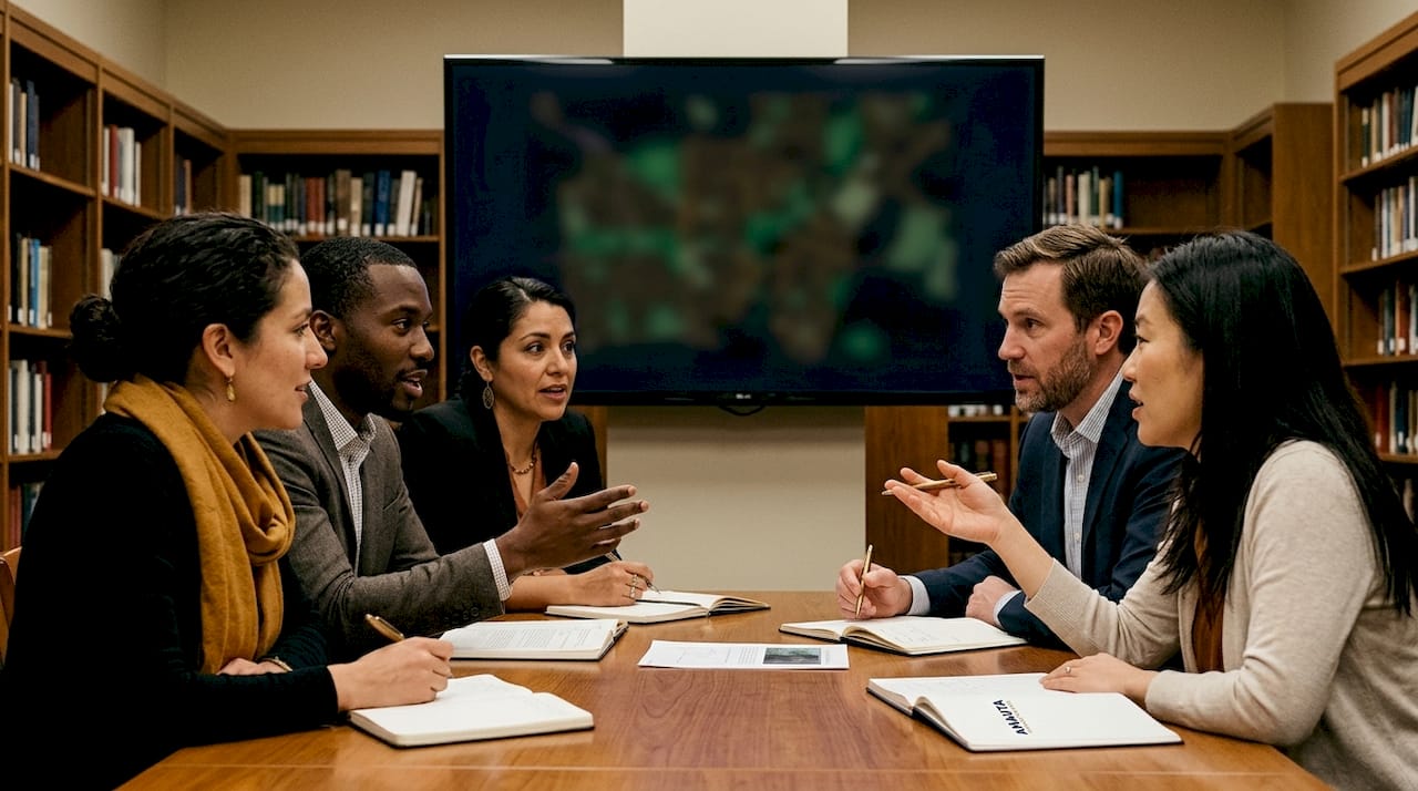 Land use leaders collaborating around touchscreen map