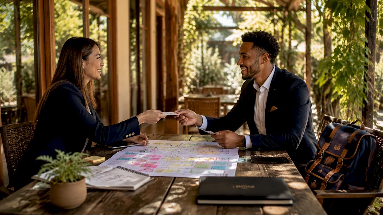 Hands exchanging business cards over stakeholder materials