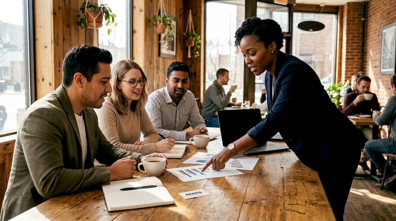 Team discussing public affairs strategy at conference table