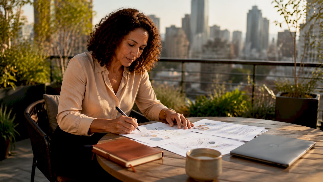 Professional woman reviewing media relations strategy documents