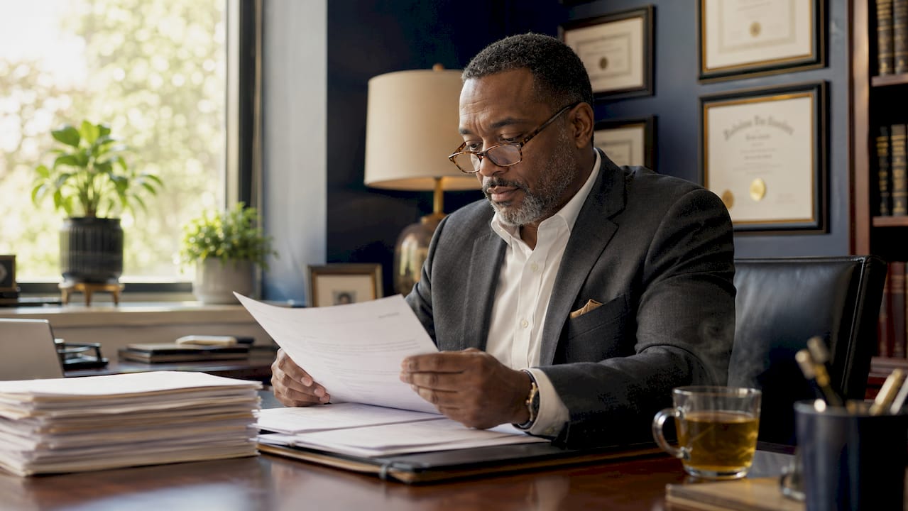 Lobbyist examining policy documents at desk