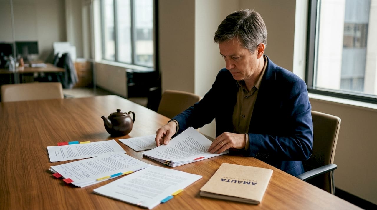 Hands assembling brand narrative documents