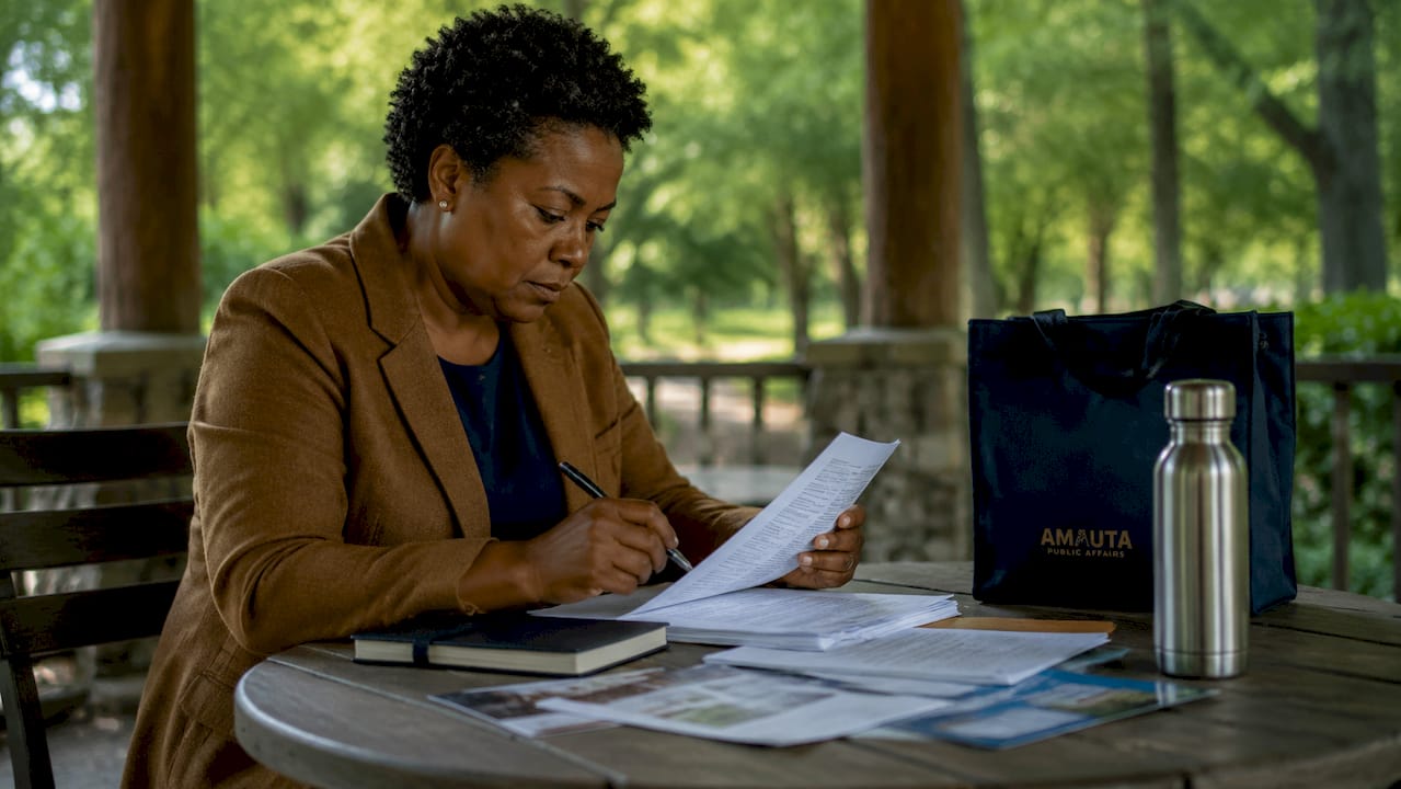 Woman reviewing advocacy documents at nonprofit