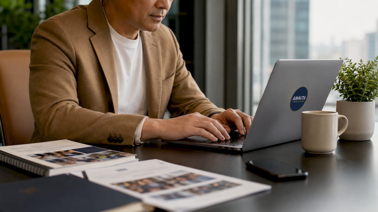 Hands typing on laptop at community manager desk