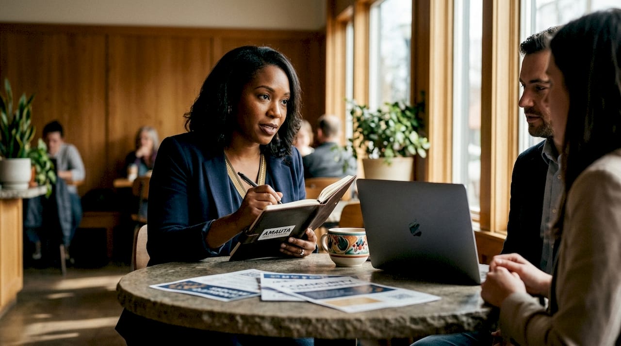 Woman taking notes during business community meeting