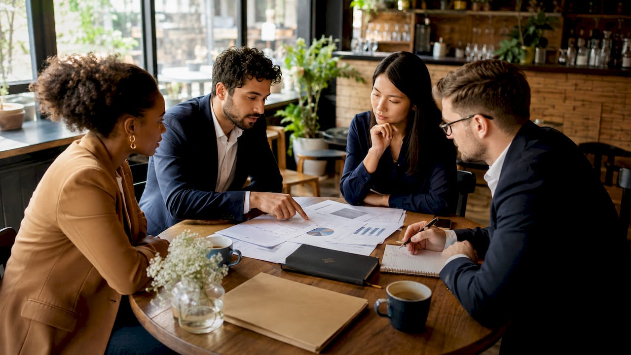 Business team discusses public affairs strategy