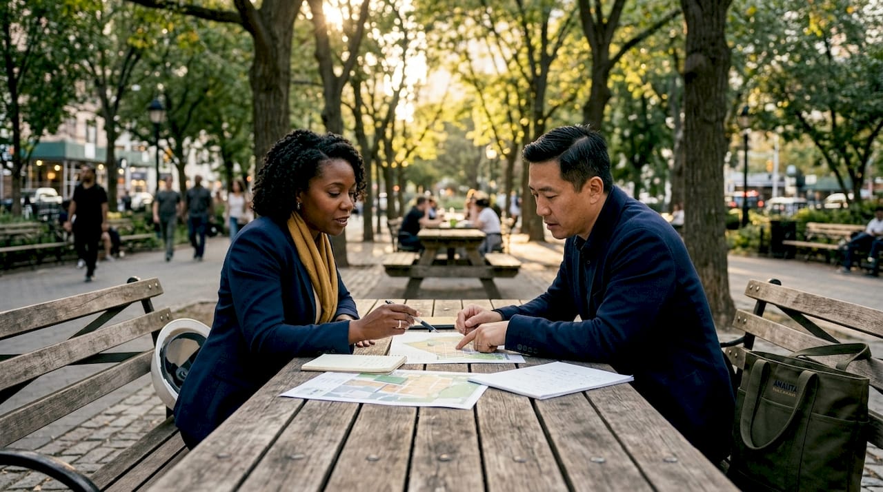 Outdoor land use planning discussion with maps