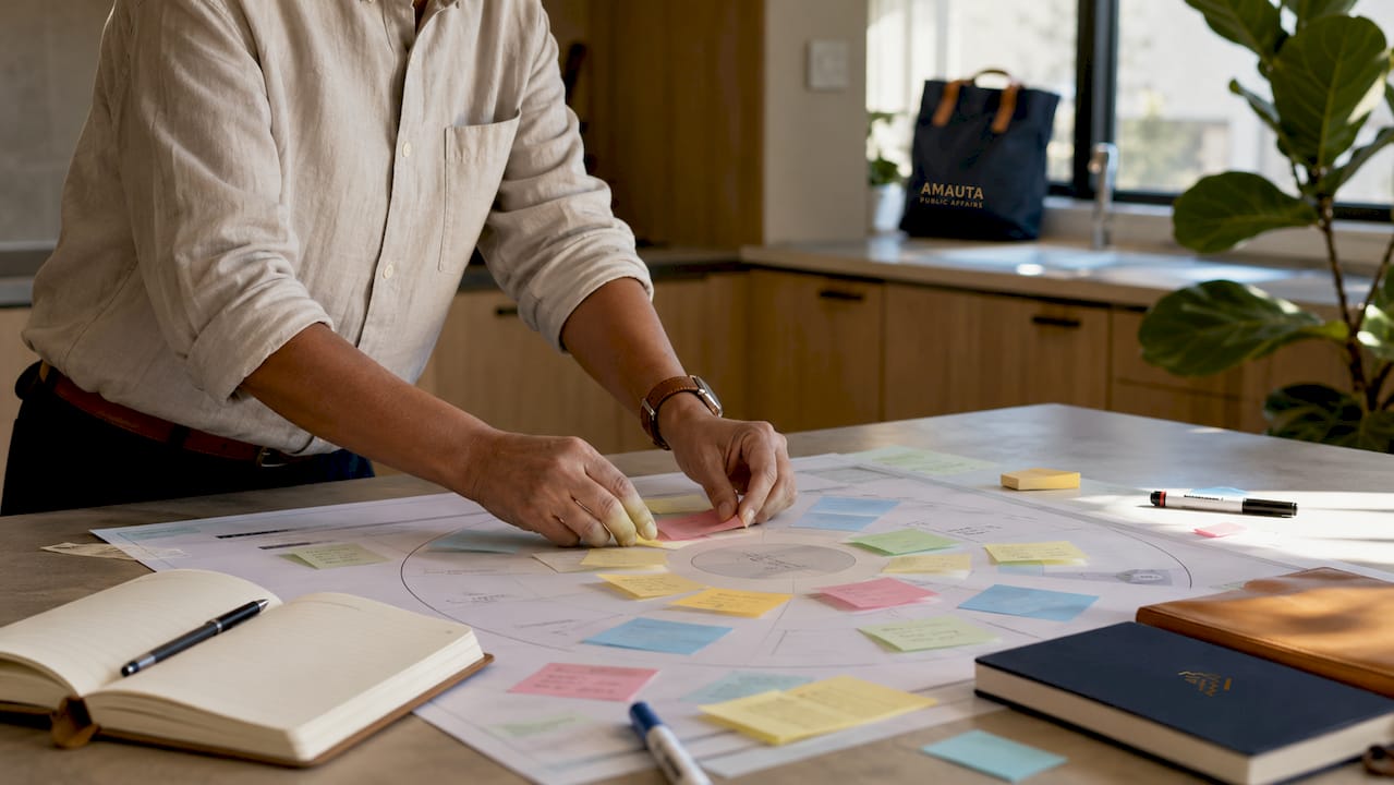 Hands arranging sticky notes on stakeholder map