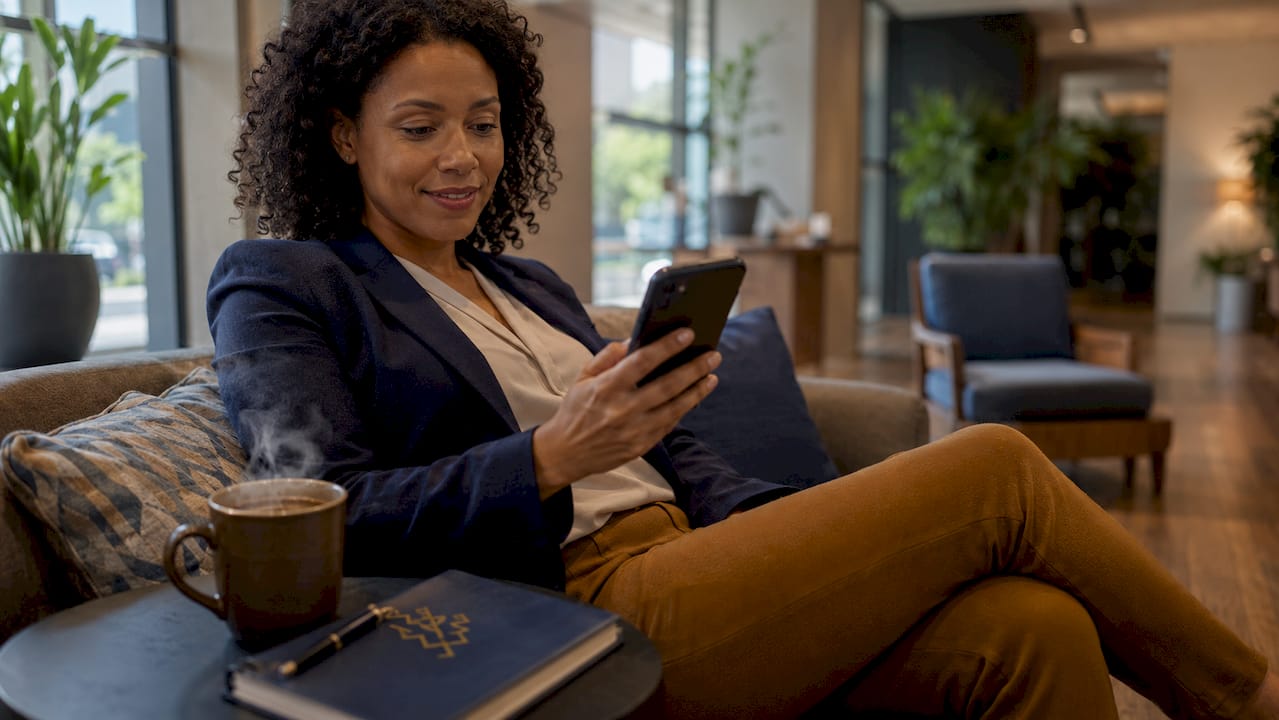 Employee reviewing engagement app in breakroom