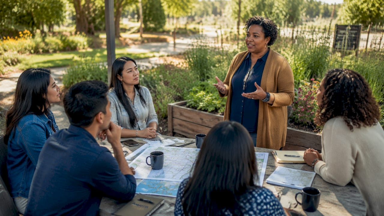 Woman leading community outreach meeting
