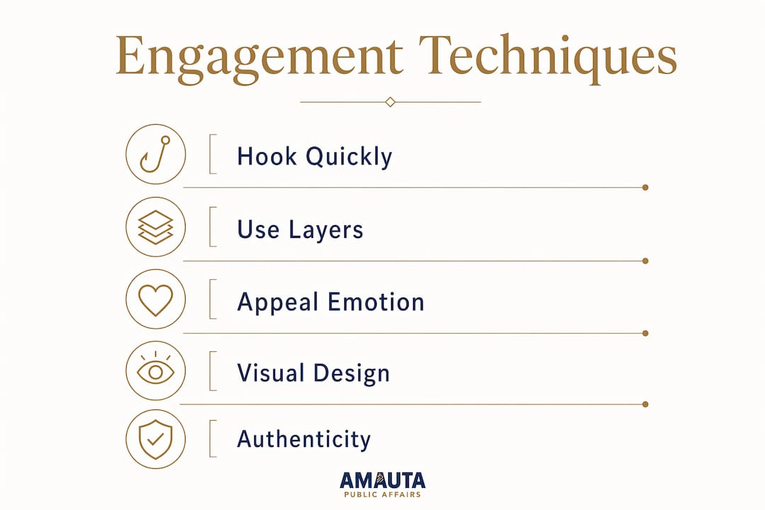 Infographic with five storytelling engagement techniques