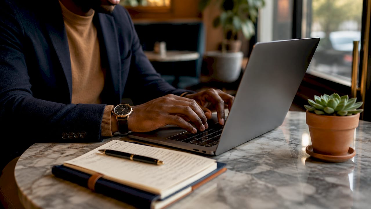 Hands typing on laptop in home office