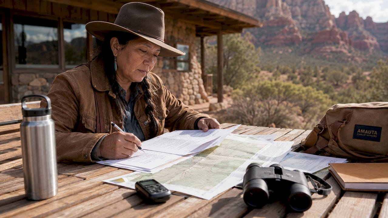 Native American woman reviewing policy papers outdoors