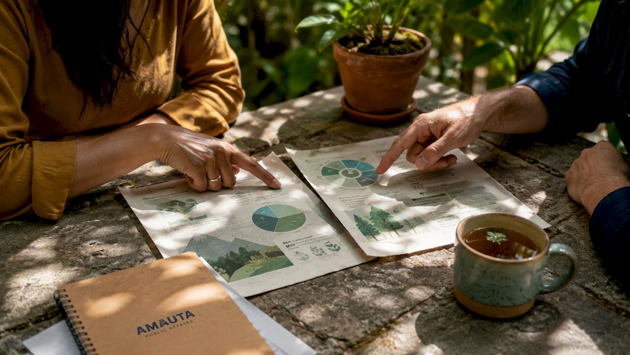 Top-down view of hands discussing environmental messaging charts
