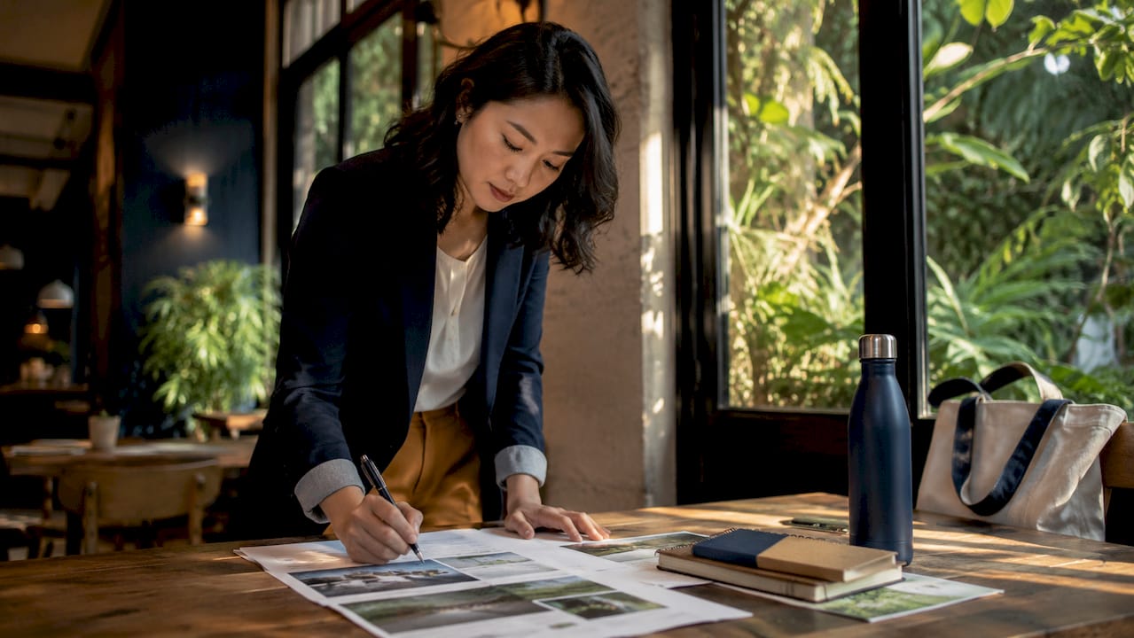 Strategist planning environmental campaign in bright coworking space