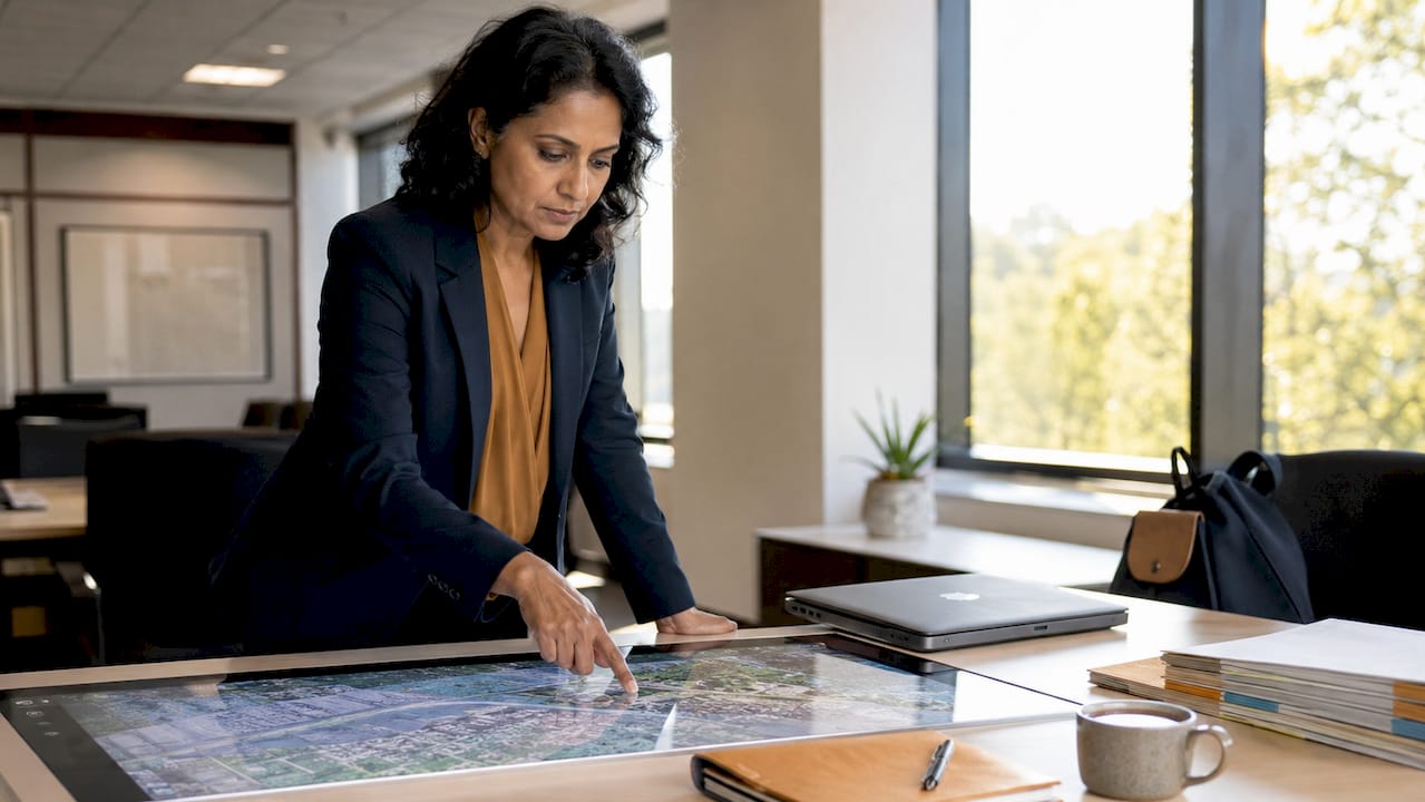 Woman interacting with spatial map in office