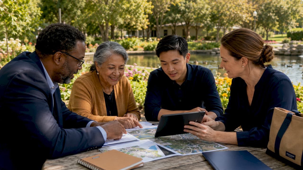 Diverse group discussing public planning outdoors