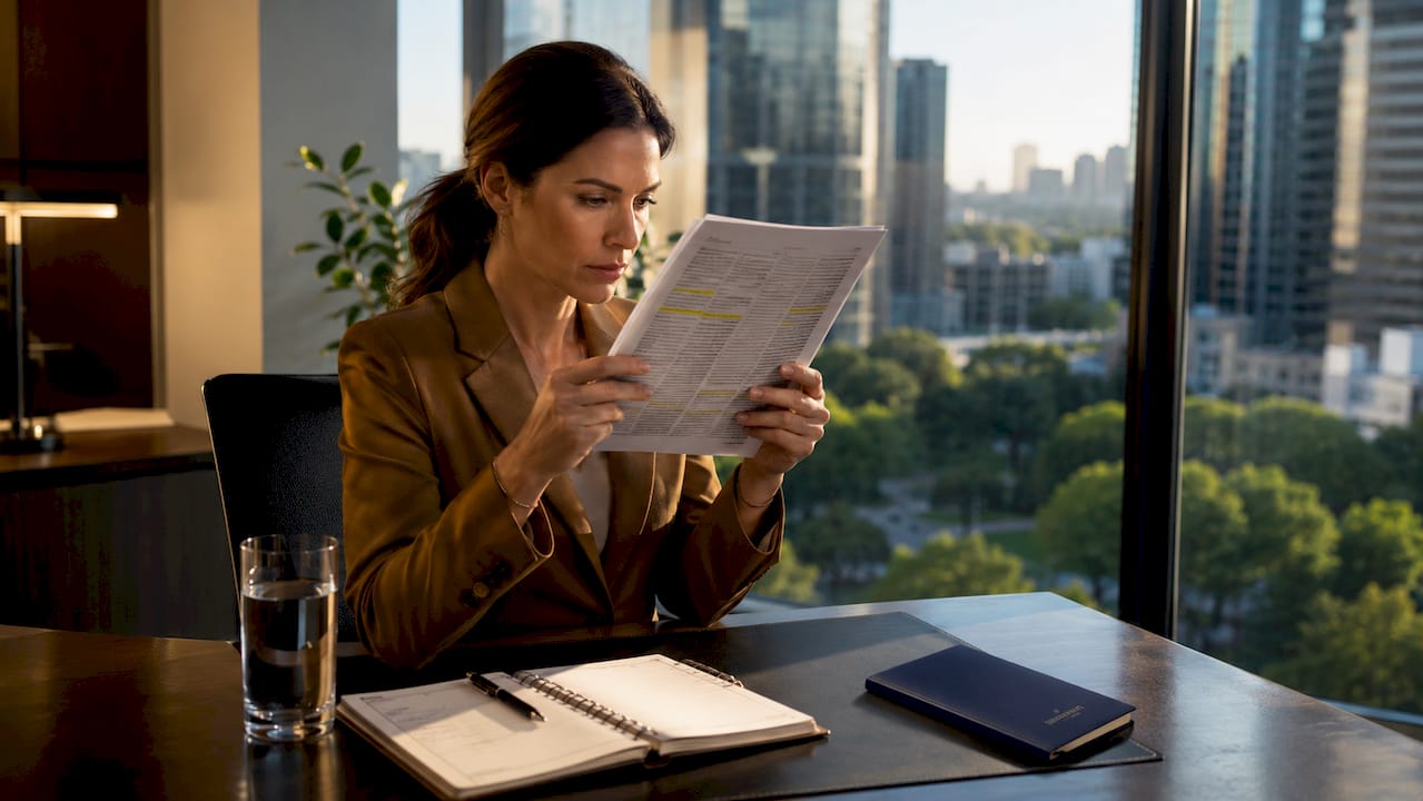 Woman reviewing printed media criticism article at desk
