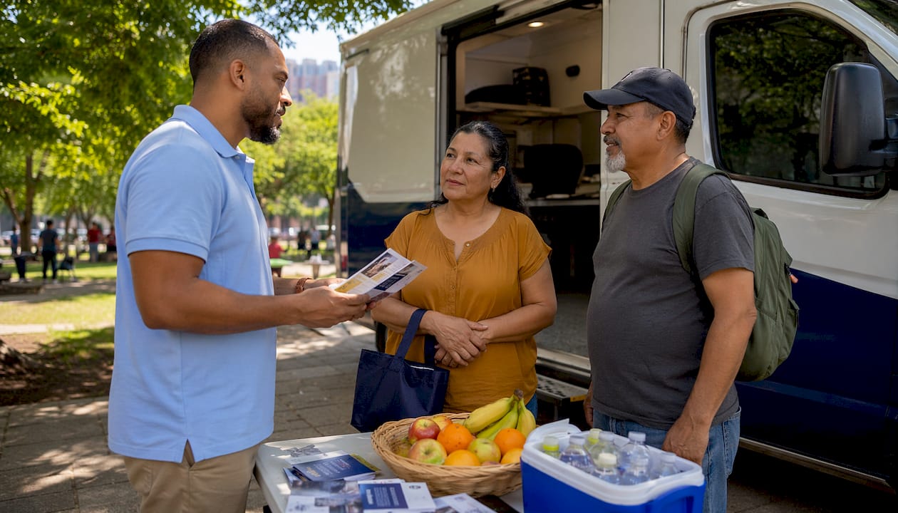 Community outreach worker engaging local residents outdoors