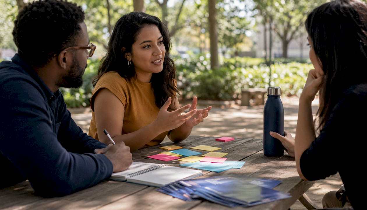Small group planning community outreach in meeting room