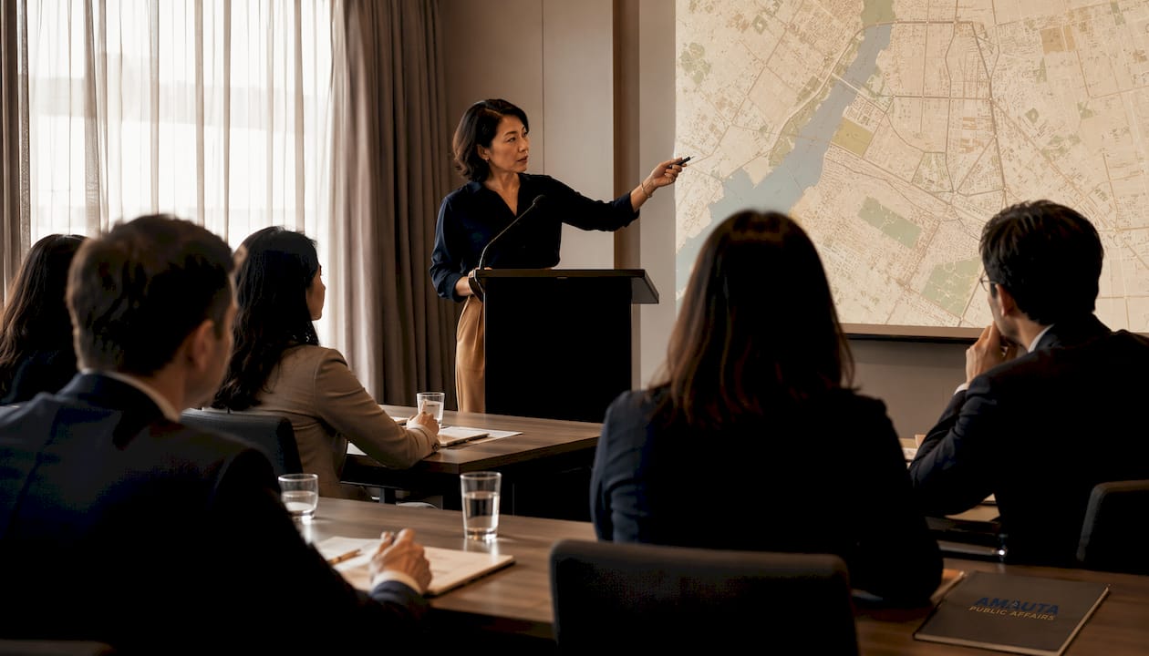 Urban planner speaking at public meeting