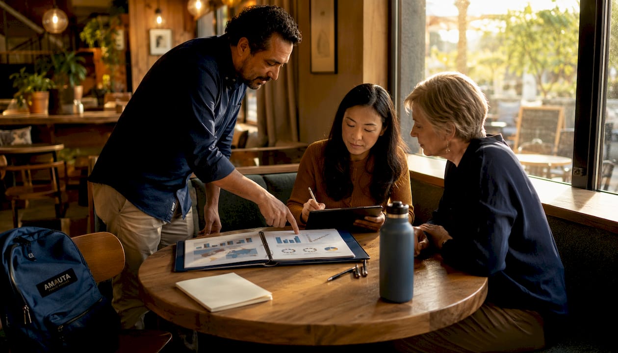 Team meeting discussing environmental messaging trust