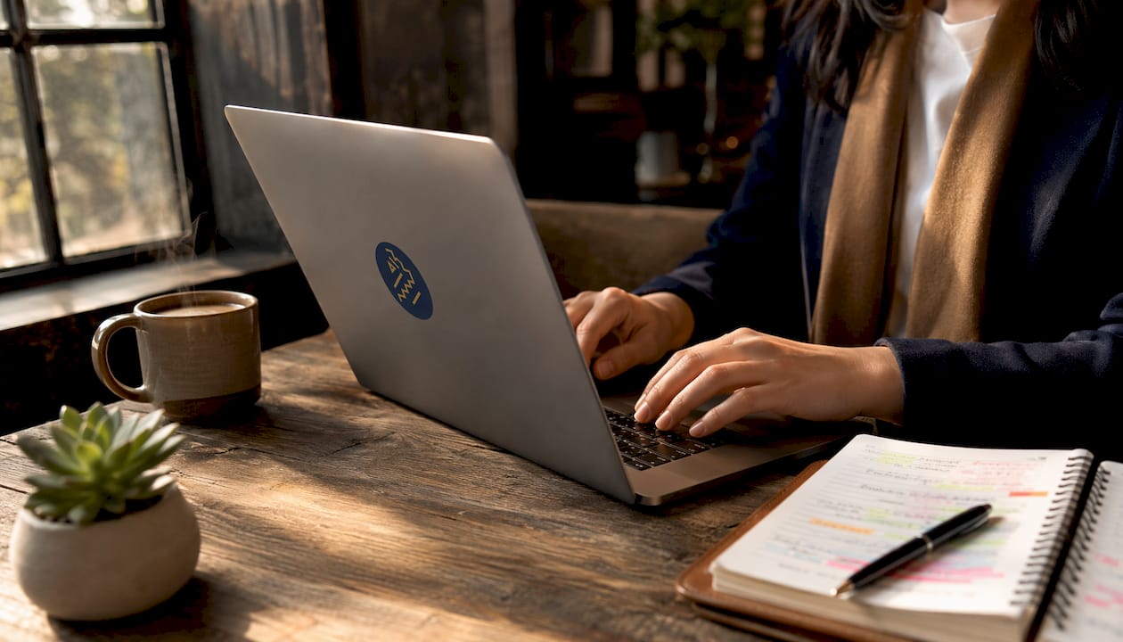 Hands typing on laptop in office setting